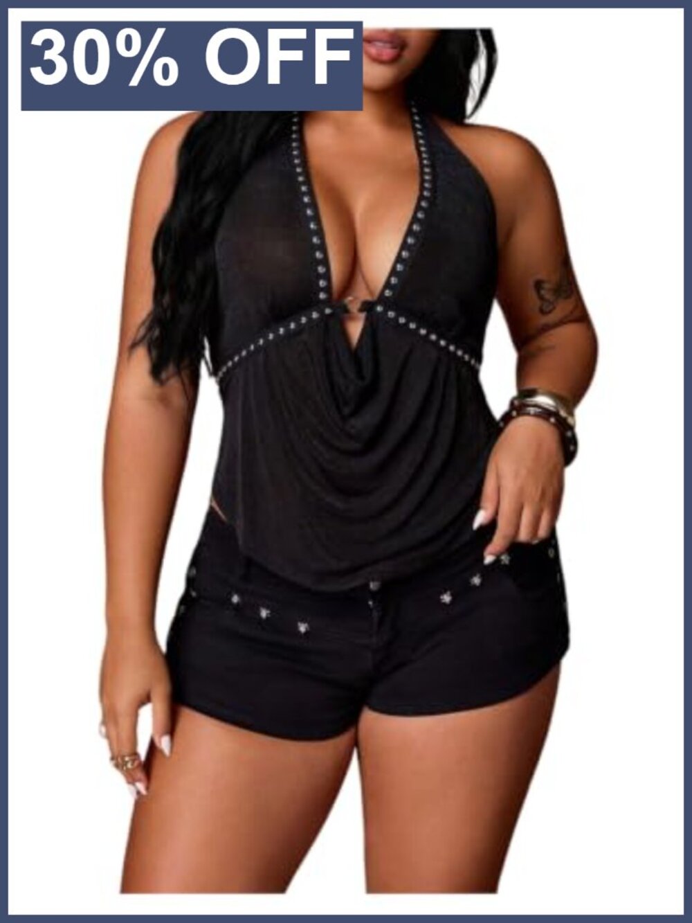 Plus Size Studded Draped Halter Top Asymmetrical Rave Festival Club Party